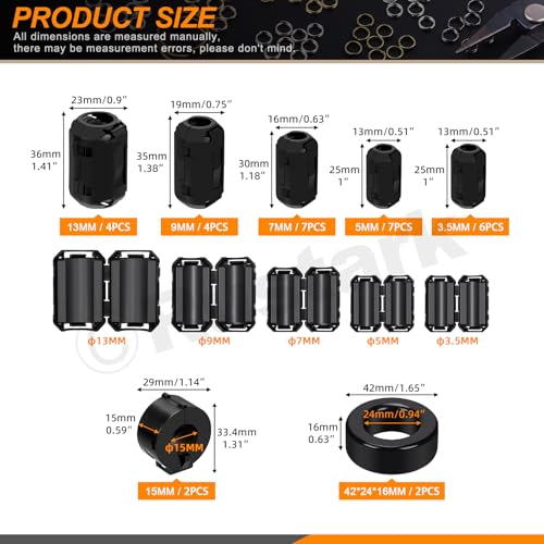 Rustark 32Pcs 7 Sizes Black Clip-on Ferrite Ring Core Toroid Core Ferrite Cores Assortment Kit RFI EMI Ferrite Bead Clip Noise Suppressor Filter Cable Clip for 3.5/5/7/9/13/15/42x24x16mm Dia. Cable - Image 2