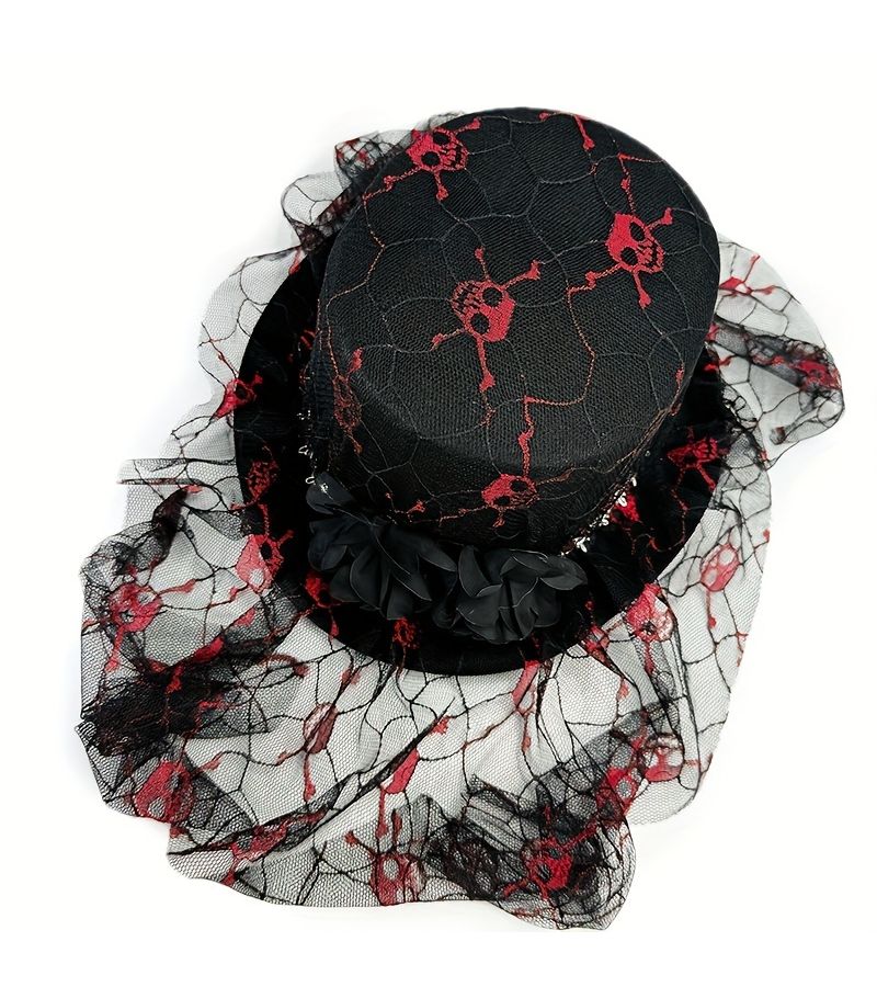 Black Skull Mesh Linen Halloween Top Hat With Veil For Costume Party Festival Christmas New Year Valentine Adult Event - Image 4