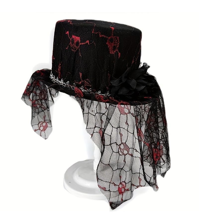 Black Skull Mesh Linen Halloween Top Hat With Veil For Costume Party Festival Christmas New Year Valentine Adult Event - Image 2
