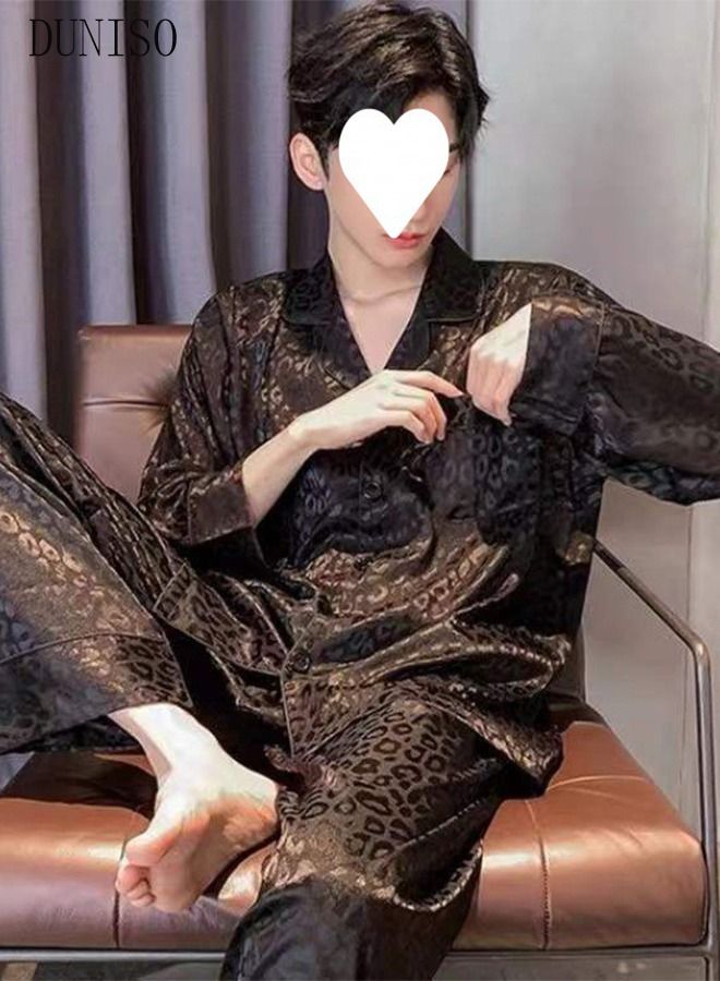 DUNISO 2-Piece Pajamas Sets For Men Long Sleeves and Trousers Silk Homewear Full Button-down Top with Notch Collar Shirt Sleepwear Set Spring Autumn Luxury Loungewear - Image 3