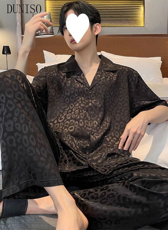 DUNISO 2-Piece Pajamas Sets For Men Long Sleeves and Trousers Silk Homewear Full Button-down Top with Notch Collar Shirt Sleepwear Set Spring Autumn Luxury Loungewear - Image 5