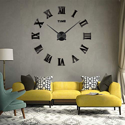 Timelike 3D DIY Wall Clock, 1M Modern Frameless Large 3D DIY Wall Clock Kit Decoration Home for Living Room Bedroom (Black-Black) - Image 1