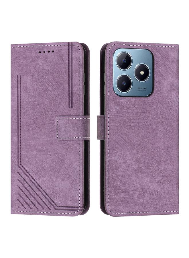 Green Tiger For Realme C63 Skin Feel Stripe Pattern Leather Phone Case with Lanyard(Purple)