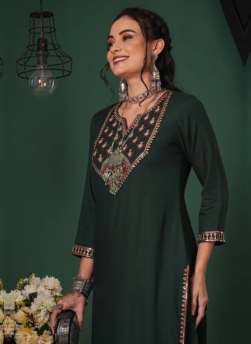 globus Globus Women Sequinned Embroidered Yoke Calf Length Straight Kurta & Pants Ethnic Set