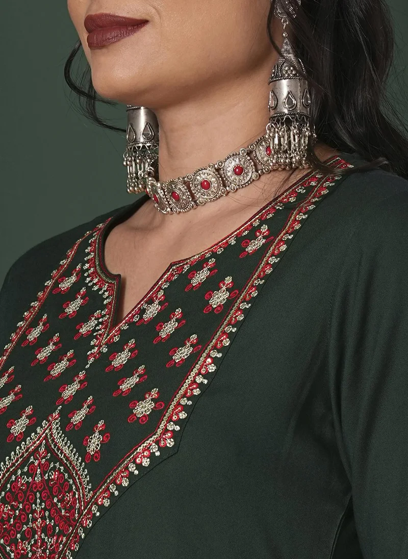 globus Globus Women Sequinned Embroidered Yoke Calf Length Straight Kurta & Pants Ethnic Set