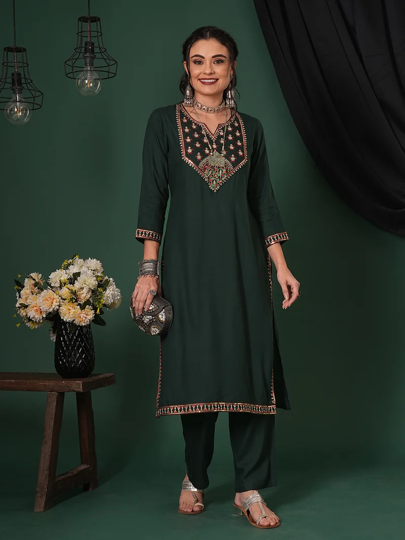 globus Globus Women Sequinned Embroidered Yoke Calf Length Straight Kurta & Pants Ethnic Set