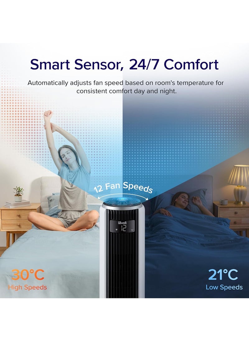 SP - LEVOIT 20dB Silent Tower Fan with Remote Control, 7.9m/s Powerful Fan with DC Motor, 26W Energy, 4 Modes 12 Speeds 12H Timer, Advanced Sleep Mode, Front Display, 90° Oscillation - Image 1