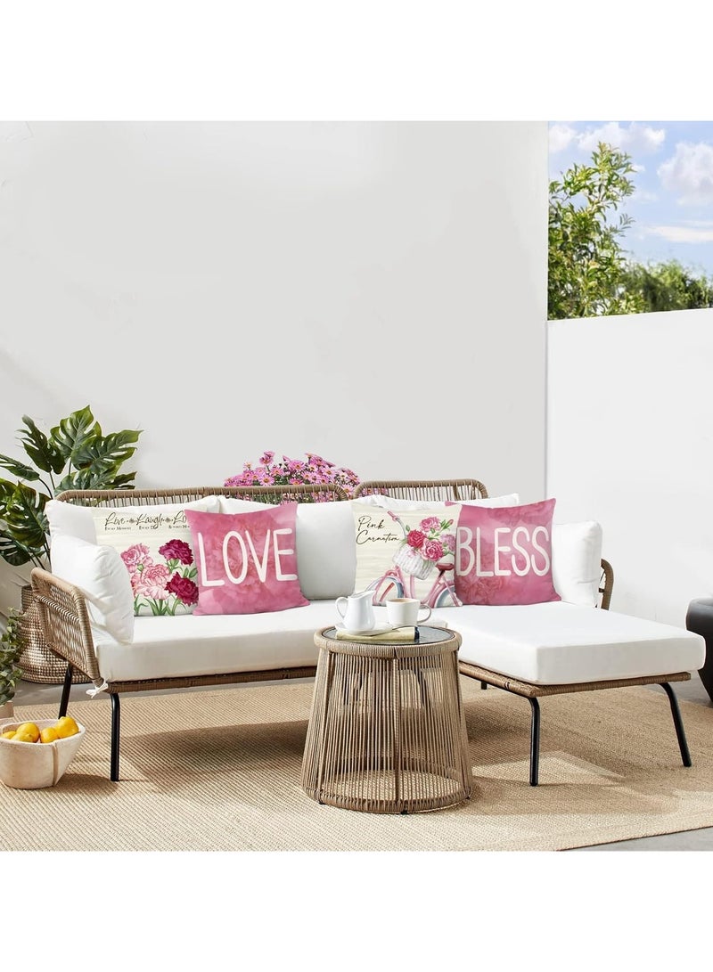 Pink floral cushion cover set, 4 pieces, 45 x 45 cm carnation floral cushion cover, decorative love and blessing cushion cover, waterproof linen square blanket cover, suitable for sofas, beds, patio - Image 4