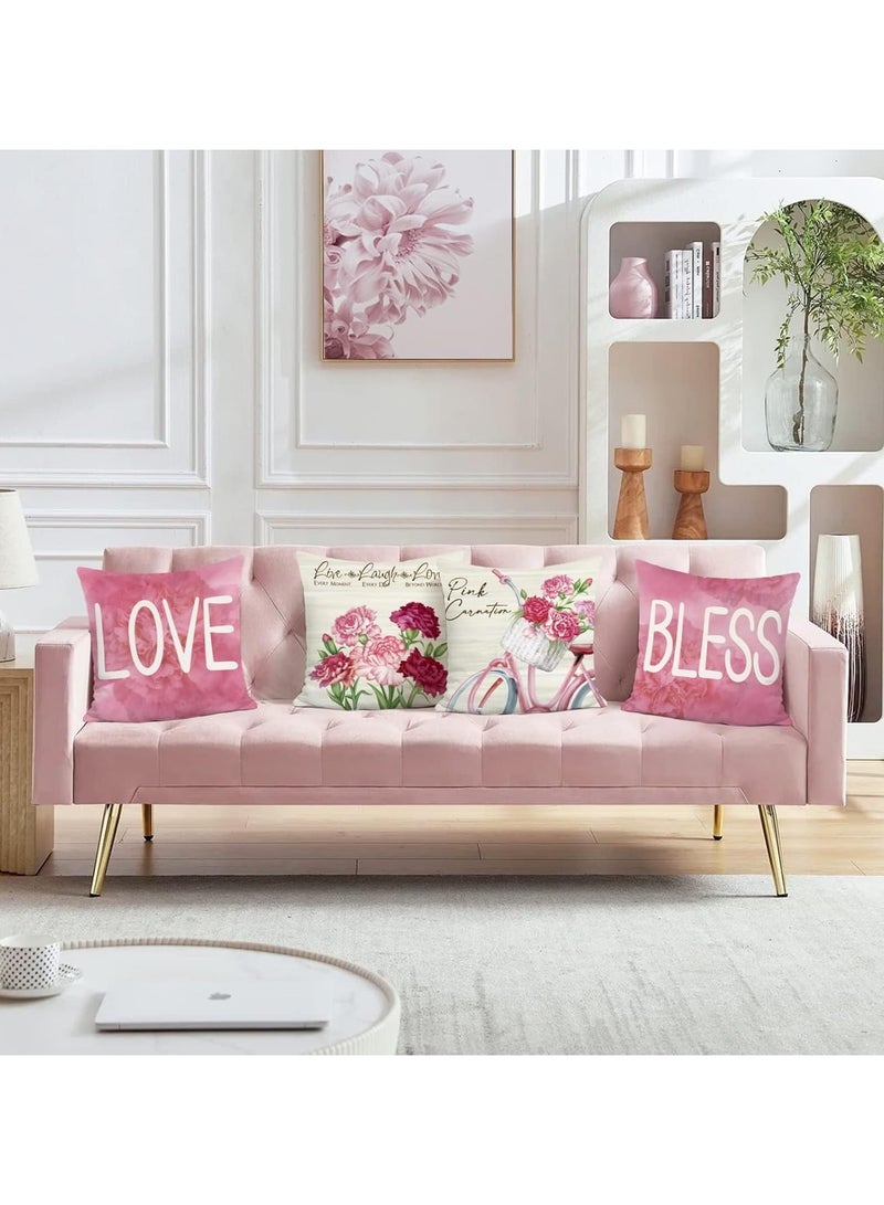 Pink floral cushion cover set, 4 pieces, 45 x 45 cm carnation floral cushion cover, decorative love and blessing cushion cover, waterproof linen square blanket cover, suitable for sofas, beds, patio - Image 2