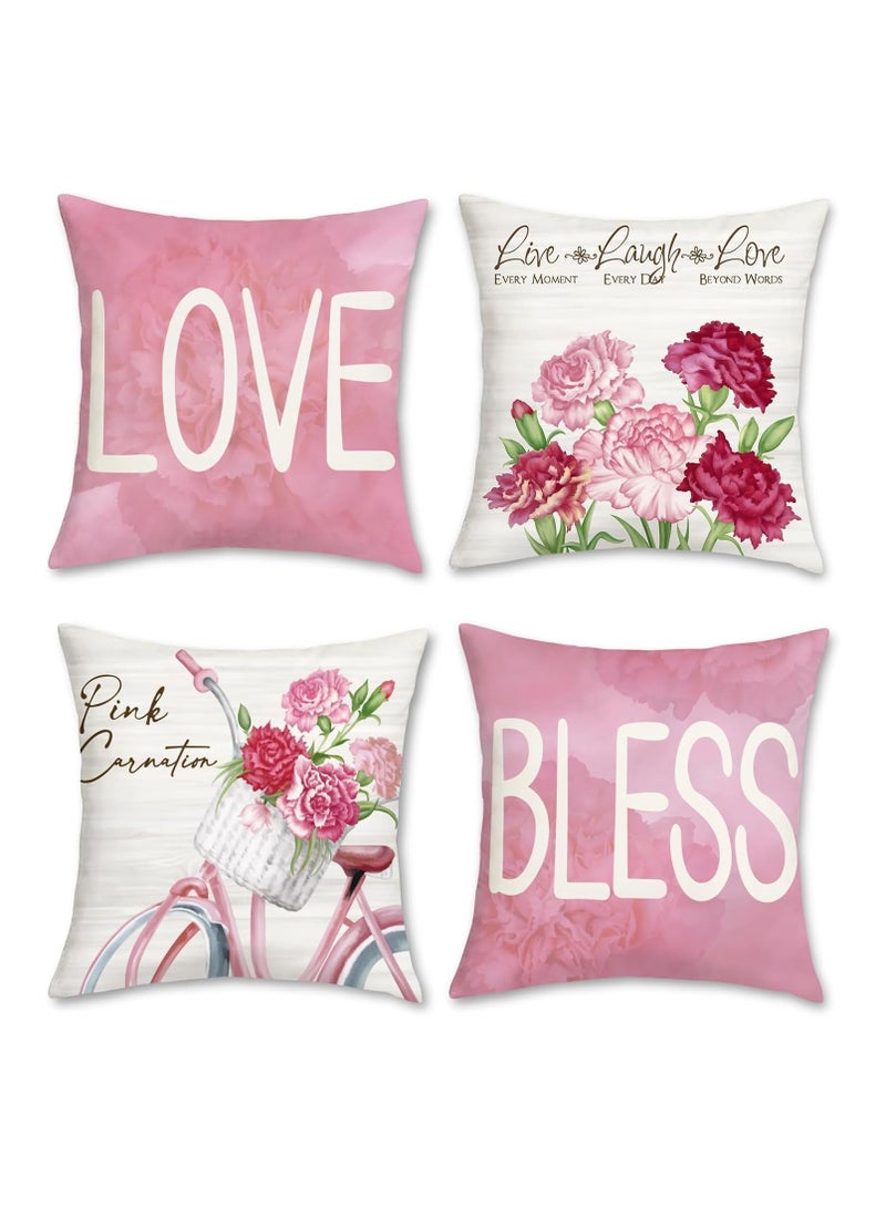 Pink floral cushion cover set, 4 pieces, 45 x 45 cm carnation floral cushion cover, decorative love and blessing cushion cover, waterproof linen square blanket cover, suitable for sofas, beds, patio - Image 1