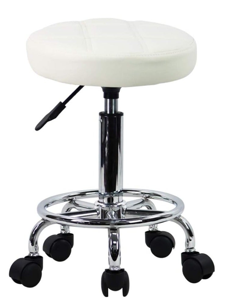 KKTONER KKTONER Round Rolling Stool Chair PU Leather Height Adjustable Swivel Drafting Work SPA Shop Salon Stools with Wheels Office Chair Small (White) - Image 1