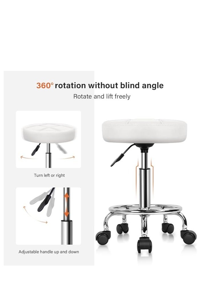 KKTONER KKTONER Round Rolling Stool Chair PU Leather Height Adjustable Swivel Drafting Work SPA Shop Salon Stools with Wheels Office Chair Small (White) - Image 2