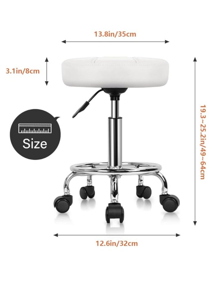 KKTONER KKTONER Round Rolling Stool Chair PU Leather Height Adjustable Swivel Drafting Work SPA Shop Salon Stools with Wheels Office Chair Small (White) - Image 3