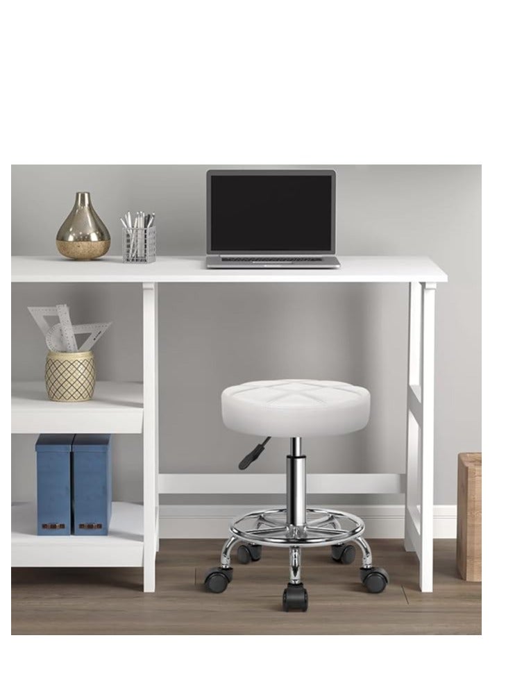 KKTONER KKTONER Round Rolling Stool Chair PU Leather Height Adjustable Swivel Drafting Work SPA Shop Salon Stools with Wheels Office Chair Small (White) - Image 4