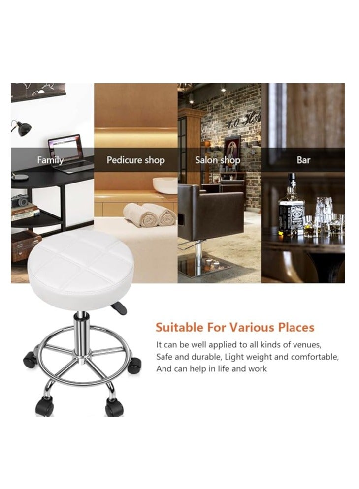 KKTONER KKTONER Round Rolling Stool Chair PU Leather Height Adjustable Swivel Drafting Work SPA Shop Salon Stools with Wheels Office Chair Small (White) - Image 5