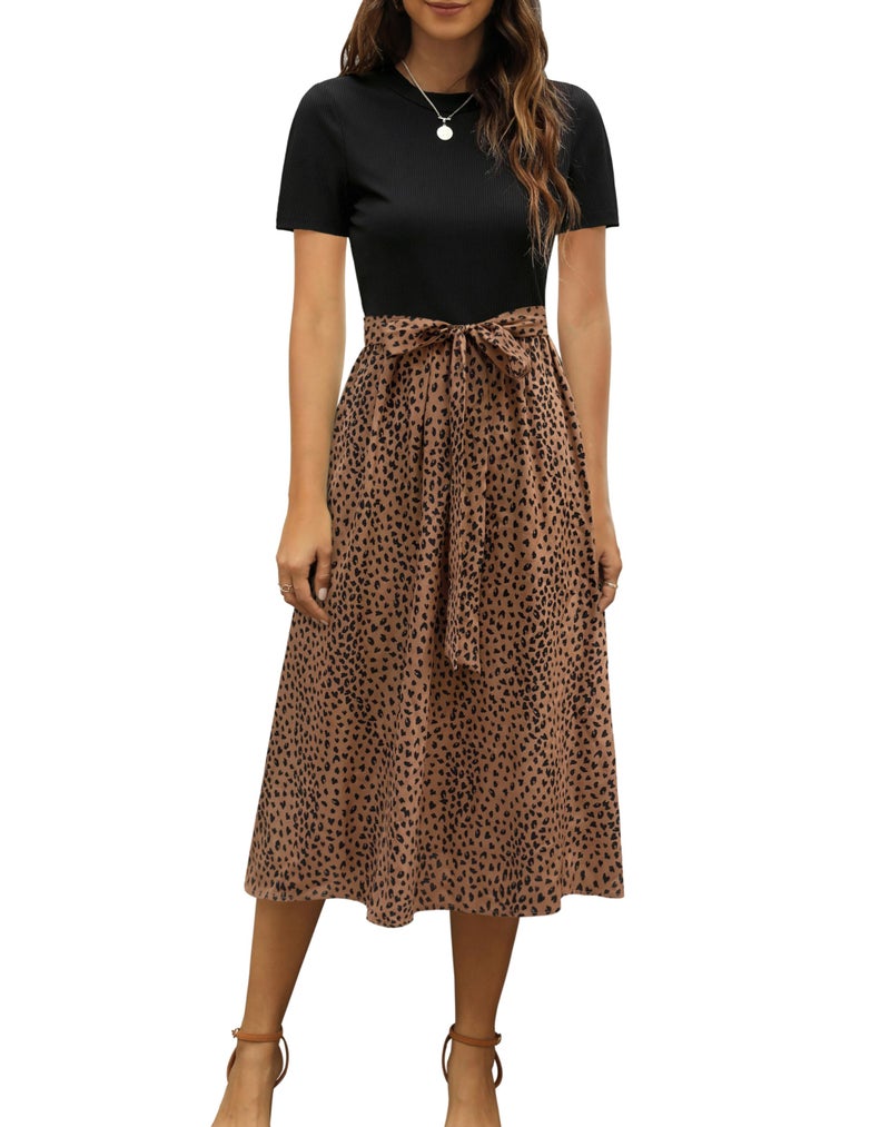 Zattcas Womens 2026 Summer Dresses Short Sleeve Ribbed Teacher Church Modest Business Casual Work Outfits Midi Dress with Pockets Blackbrown L - Image 1