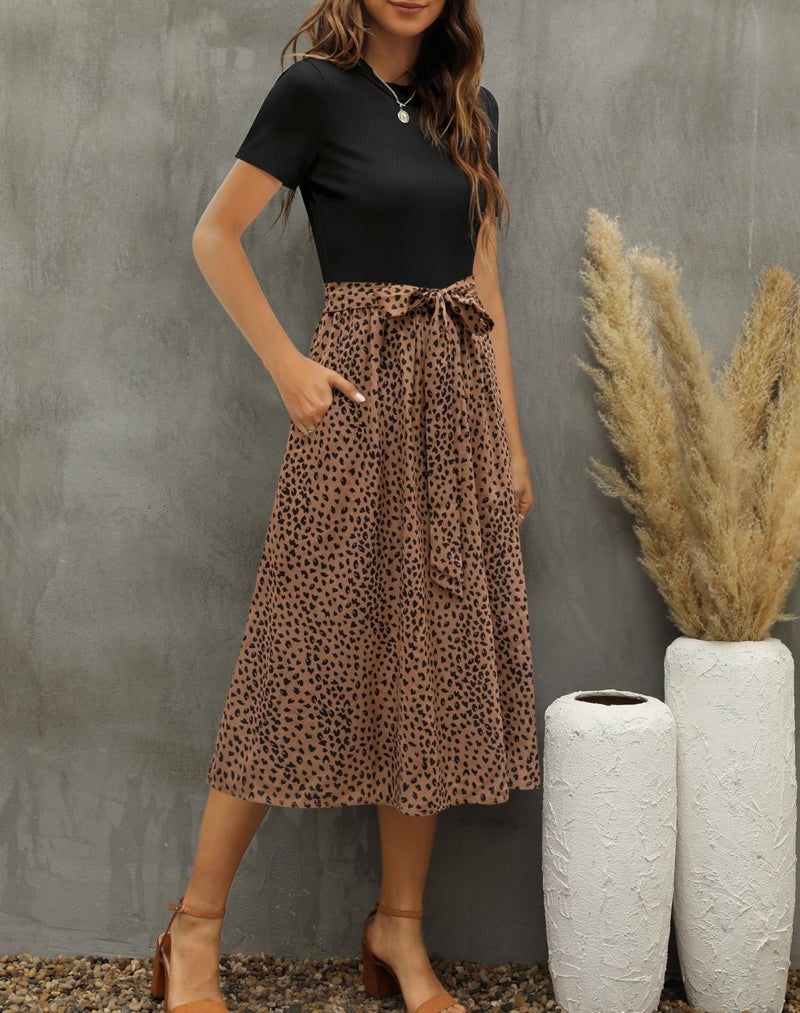 Zattcas Womens 2026 Summer Dresses Short Sleeve Ribbed Teacher Church Modest Business Casual Work Outfits Midi Dress with Pockets Blackbrown L - Image 2