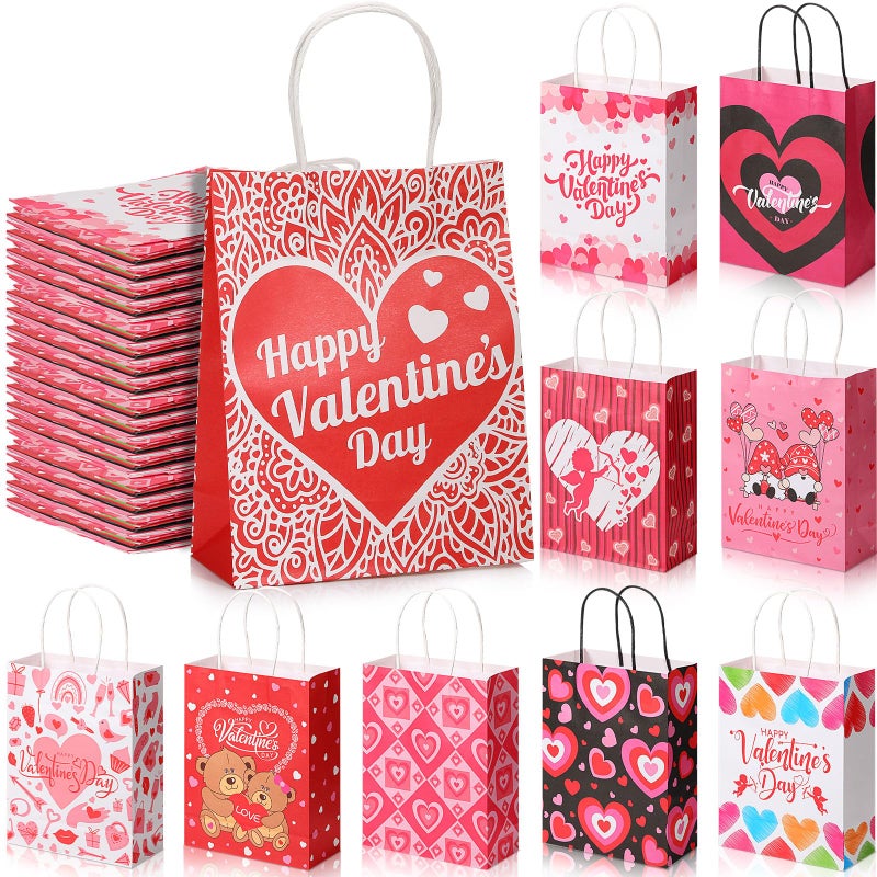 Chivertion 100 Pcs Valentine's Day Gift Bags Bulk 7 x 3 x 9 Valentines Goodie Bags with Handles Valentines Heart Love Paper Pocket for Party Favors Exchange Novelty Gift Wrapping, 10 Styles - Image 1