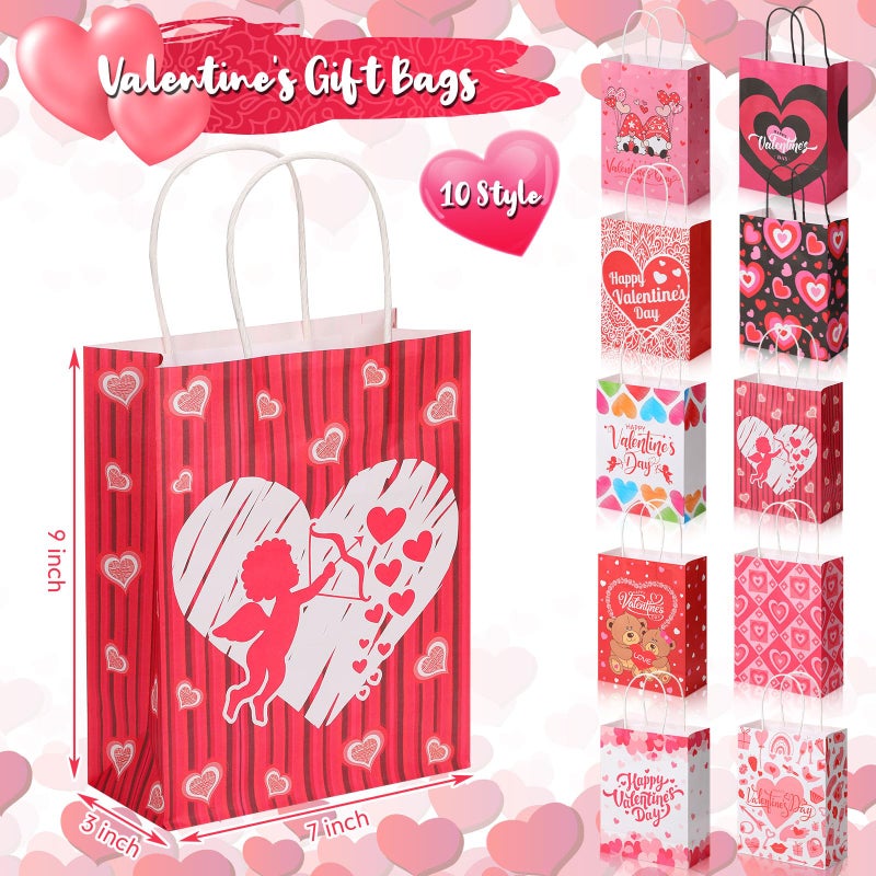Chivertion 100 Pcs Valentine's Day Gift Bags Bulk 7 x 3 x 9 Valentines Goodie Bags with Handles Valentines Heart Love Paper Pocket for Party Favors Exchange Novelty Gift Wrapping, 10 Styles - Image 2