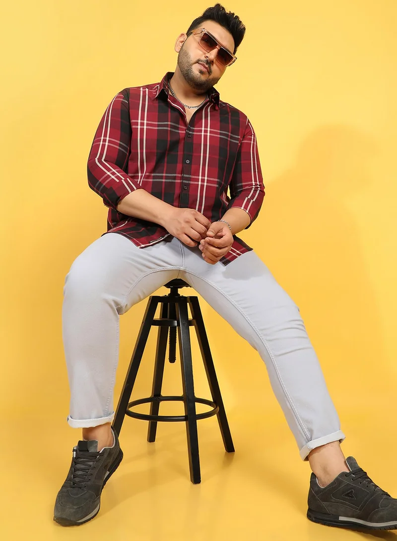 انستافاب بلس قميص رجالي كاروهات أحمر بأزرار مقاس كبير للملابس الكاجوال قطن بياقة عريضة وأكمام عادية ومقاس مريح للاستخدام اليومي