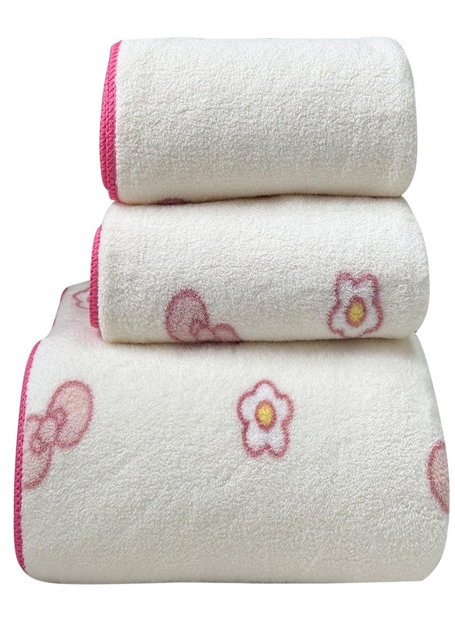 USTIDE Pink Bows and Flowers Print Bath Towel Sets Absorbent Soft Towels for Bathroom Gym Bath Sheets (Bows,1 Bathtowel, 2Hand Towel) - Image 4