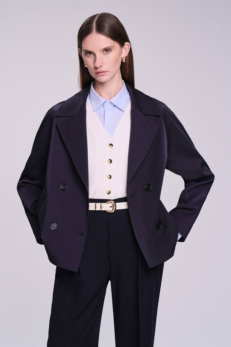 Hatemoğlu Saykı Woman Navy Blue Slim Fit Plain Mono Collar Cotton Trench Coat  - Image 1