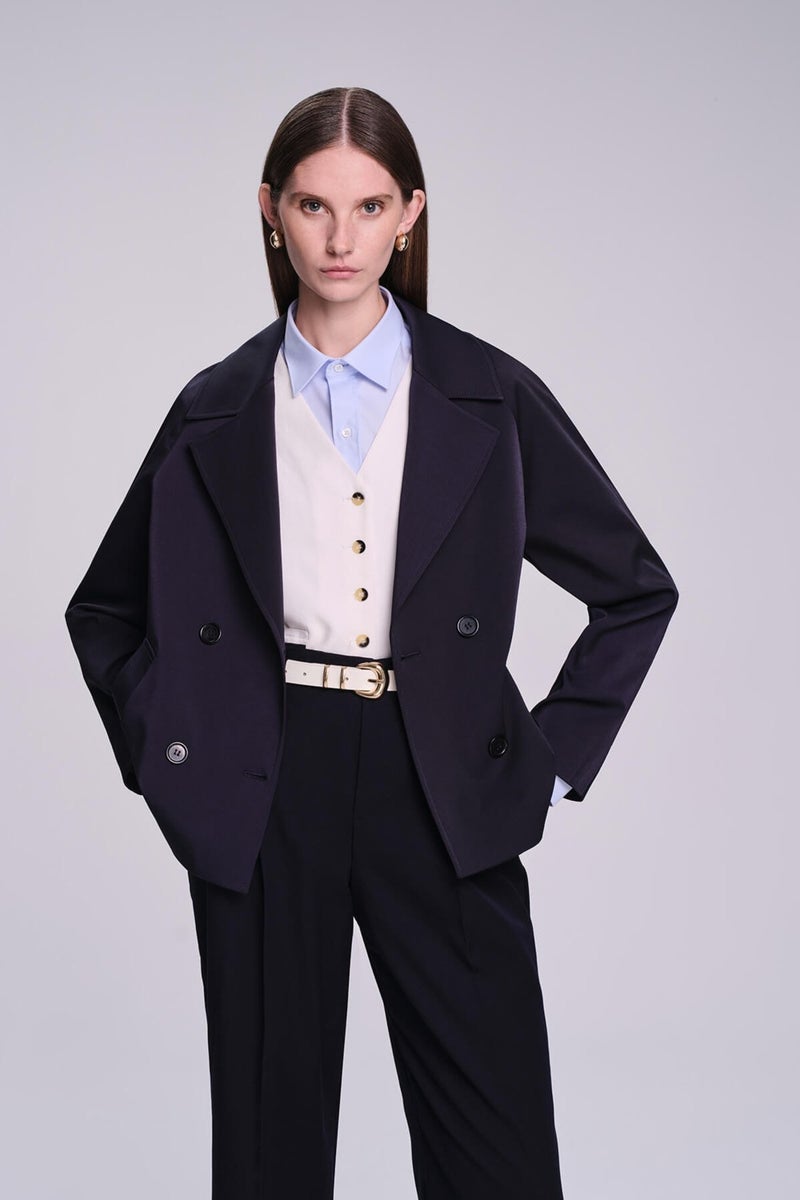 Hatemoğlu Saykı Woman Navy Blue Slim Fit Plain Mono Collar Cotton Trench Coat  - Image 3