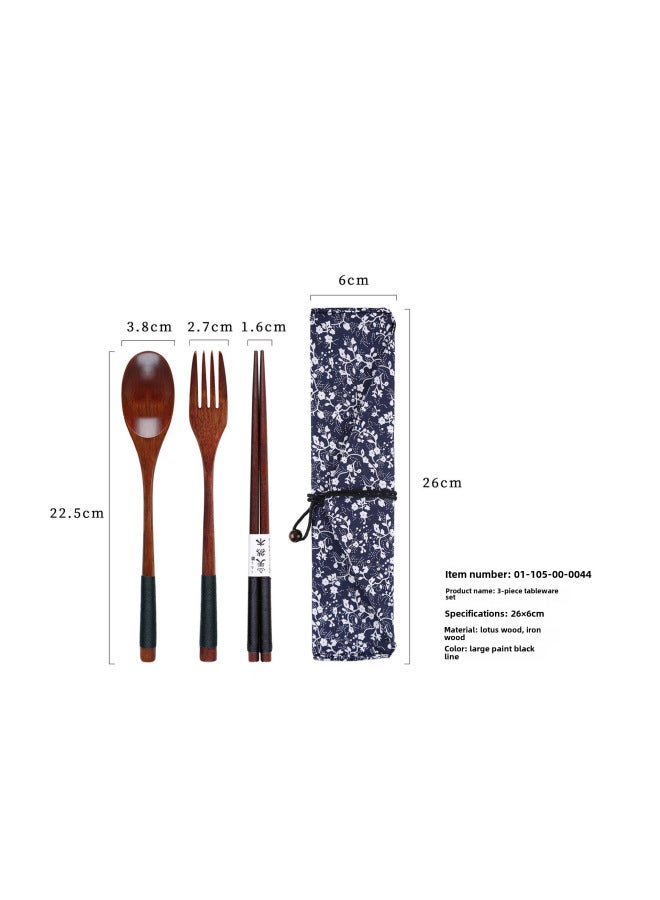 Yfjy Special Season Japanese Wooden Chopsticks Spoon Fork Portable One-person Spoon Fork Chopsticks Picnic Three-piece Cloth Bag-Specifications:(Lotus) 22.5 Spoon, Fork, Chopsticks, Big Lacquer, Black Line + Morning Glory  - Image 1
