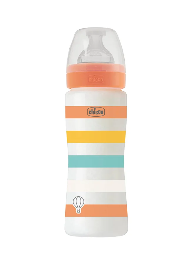 Chicco Well-Being Plastic Feeding Bottle 330ml Fast Flow 4m+ Silicone, Orange