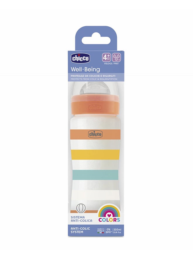 Chicco Well-Being Plastic Feeding Bottle 330ml Fast Flow 4m+ Silicone, Orange - Image 2