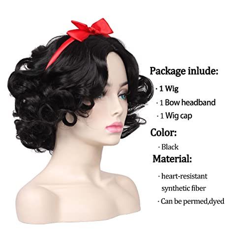 ColorGround Women’s Short Black Prestyled Curly Cosplay Costume Wig (Black(with bowknot)) - Image 4