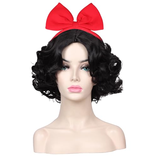 ColorGround Women’s Short Black Prestyled Curly Cosplay Costume Wig (Black(with bowknot)) - Image 1