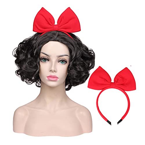 ColorGround Women’s Short Black Prestyled Curly Cosplay Costume Wig (Black(with bowknot)) - Image 2