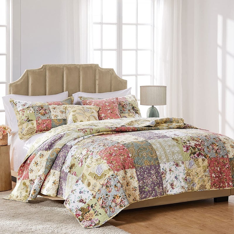Greenland Home Fashions Greenland Home Blooming Prairie 100 Cotton Authentic Patchwork Reversible Quilt Set 5Piece KingCal King 
