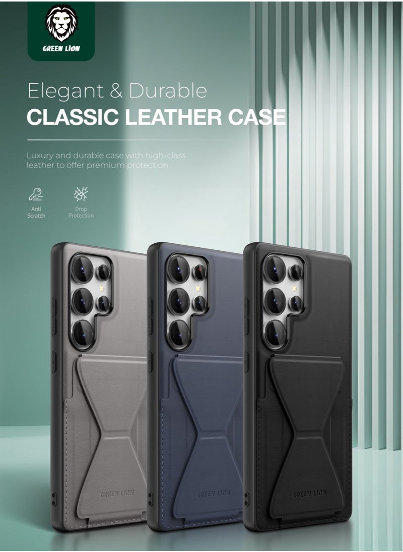 GREEN LION - S25 Ultra Case Classio Stand Leather / Camera Protection / Raised Edges / Card Holder / Comfortable Grip / Foldable Stand/ Drop Protection / Anti Scratch Cover - Blue - Image 1
