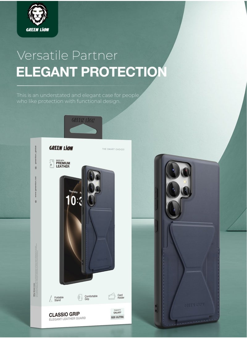 GREEN LION - S25 Ultra Case Classio Stand Leather / Camera Protection / Raised Edges / Card Holder / Comfortable Grip / Foldable Stand/ Drop Protection / Anti Scratch Cover - Blue - Image 1