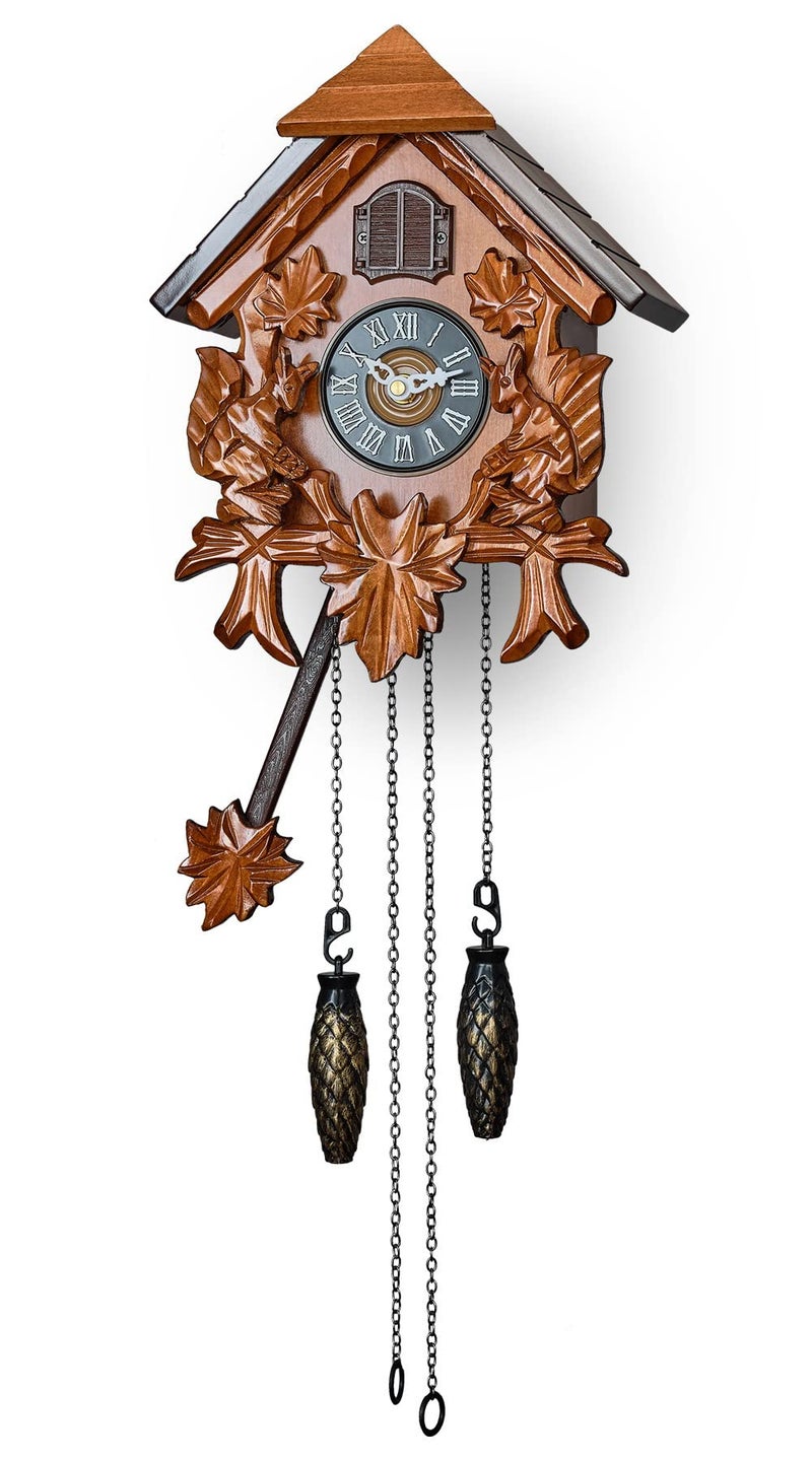 TIMEGEAR Cuckoo Wall Clock with Night Mode in Traditional German Style with Carved Squirrels Cherry - Image 2