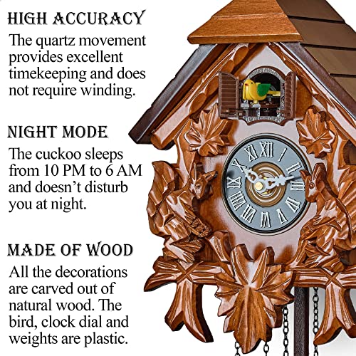 TIMEGEAR Cuckoo Wall Clock with Night Mode in Traditional German Style with Carved Squirrels Cherry - Image 3