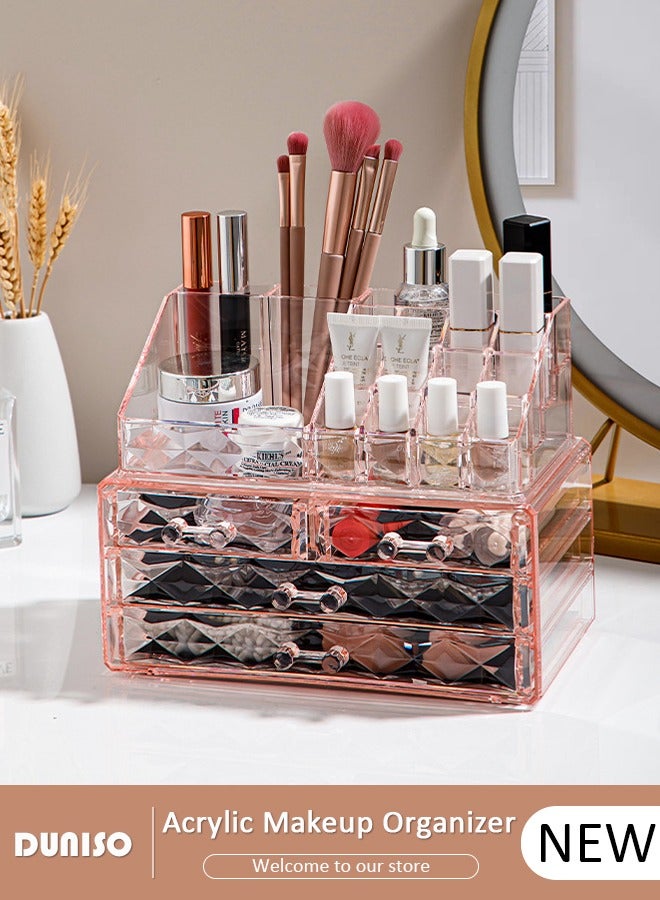 DUNISO Makeup Organizer Acrylic Cosmetic Storage Drawers and Jewelry Display Box For Lipstick Liner Brush Holder, Countertop Storage Box Brush Holder Clear Jewelry Organizer for Countertop, Dresser, Bedroom, Bathroom - Image 1