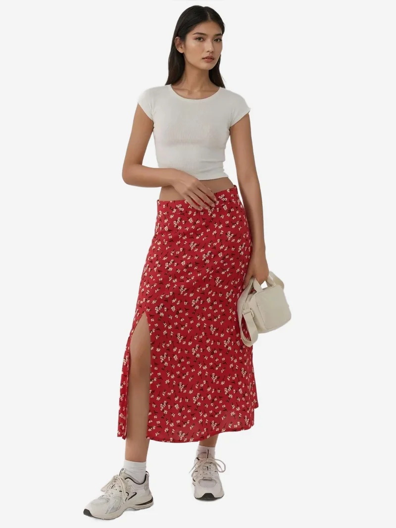 HICCUP Floral High Waist Midi Skirt