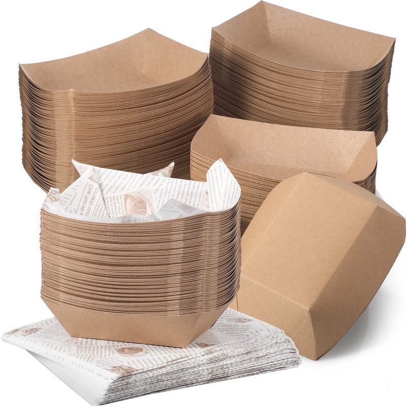 1000 Pieces Paper Food Boats Disposable Kraft Brown Food Trays and Grease Proof Deli Liner Heavy Duty 3 Lb Coated Paperboard Holds Nacho Taco Hot Dog and More for Party Picnic