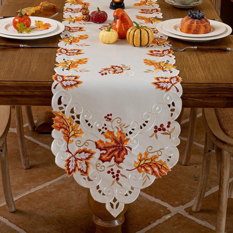 Joyfol Day Thanksgiving Table Runner 14 x 59 Inches Cutwork Embroidered Maple Leaves Dresser Scarf Fall Table Runners for Home Kitchen Dining Autumn Harvest Party Tabletop Decoration