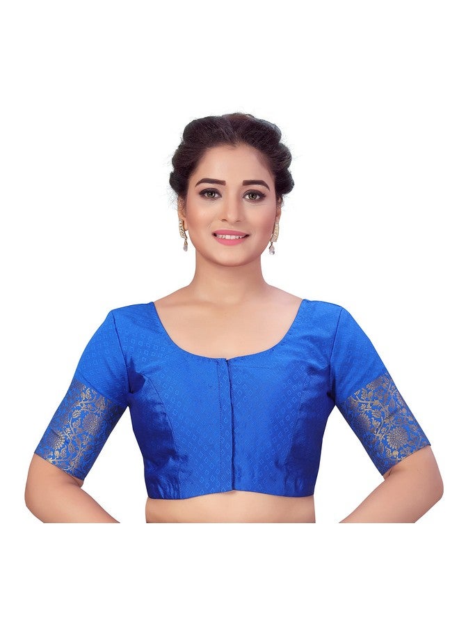 Studio Shringaar Studio Shringaar Women's Readymade Brocade Saree Blouse with Kanjivaram Border Elbow Length Sleeves(Royal Blue, 46) - Image 1