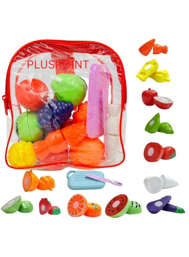 بلس بوينت مجموعة ألعاب تقطيع الطعام من PLUSPOINT مكونة من 14 قطعة مع حقيبة تخزين، لعبة تقطيع الطعام في المطبخ، لعبة تقطيع الفواكه والخضروات، مجموعة ألعاب تظاهرية للطعام، ألعاب تعليمية للتنمية المبكرة، هدايا للأطفال الصغار والفتيات (حقيبة ظهر مكونة من 14 قطعة) - Image 1