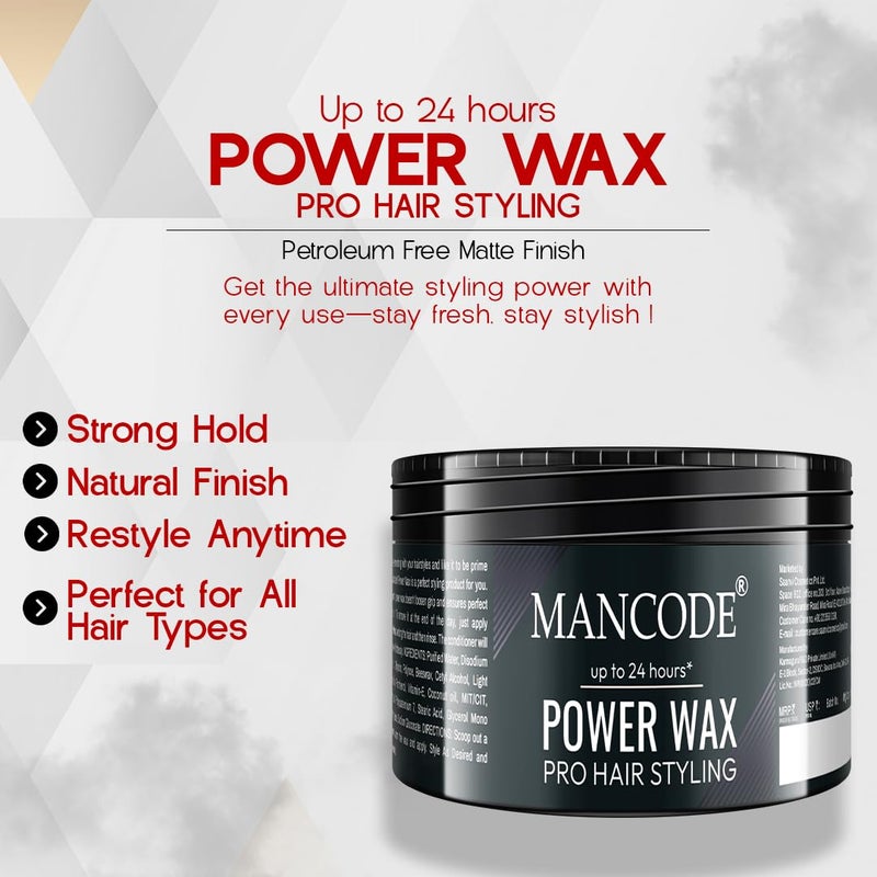 MAN CODE Mancode Power Wax Pro Hair Styling Cream Wax Level 5  24 Hour Strong Hold  Matte Finish  Easy to Wash  Flexible Styling  Nourishing Formula with Coconut Oil  Vitamin E  100ml  - Image 2