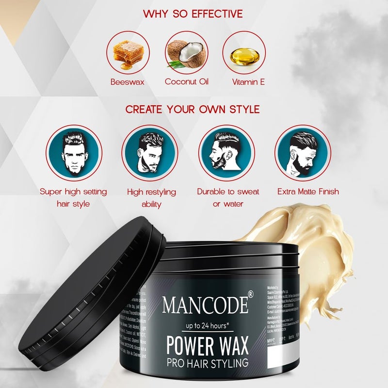 MAN CODE Mancode Power Wax Pro Hair Styling Cream Wax Level 5  24 Hour Strong Hold  Matte Finish  Easy to Wash  Flexible Styling  Nourishing Formula with Coconut Oil  Vitamin E  100ml  - Image 4