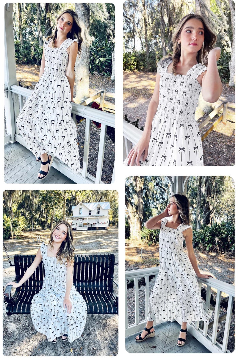 ECOWISH Women's Summer Maxi Dress 2026 Casual Sleeveless Square Neck Smocked Ruffle Bow Tiered Flowy A Line Beach Sundress White X-Large - Image 2