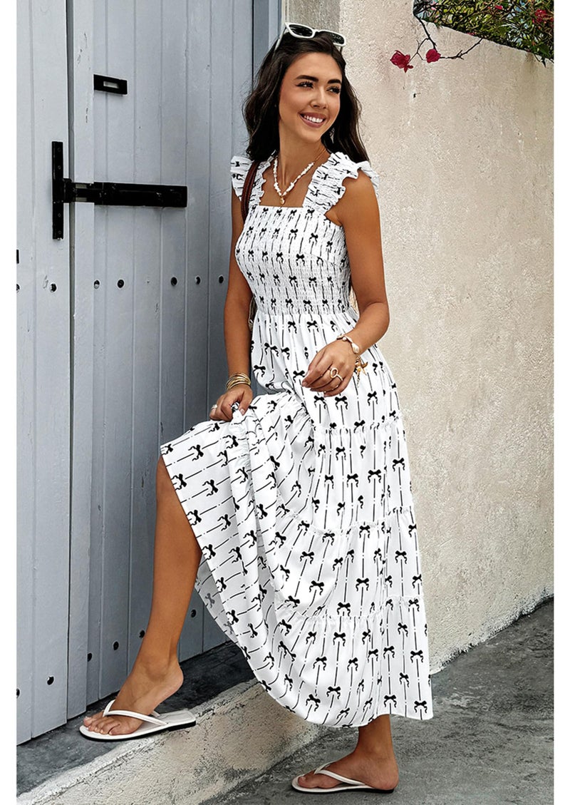 ECOWISH Women's Summer Maxi Dress 2026 Casual Sleeveless Square Neck Smocked Ruffle Bow Tiered Flowy A Line Beach Sundress White X-Large - Image 3