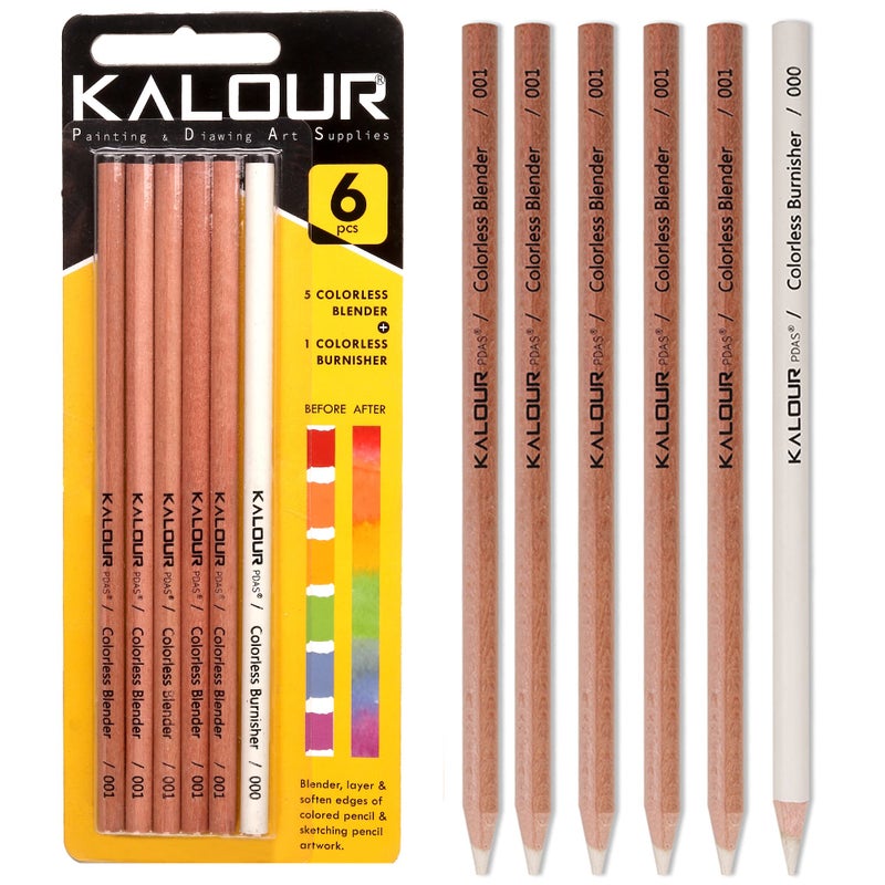 KALOUR Colorless Blender and Burnisher Pencils Set,Non-pigmented, Wax Based Pencil,perfect for Blending Softening Edges,ideal for Colored Pencils,Art Supplies for Artists Beginners(6 Pencils Total) - Image 1