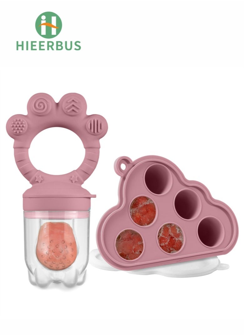 HieerBus - Baby Fruit Food Feeder & Mini Freezer Nibble Tray Combo, BPA Free Silicone Feeder for Safe Infant Self Feeding, 4 Month+ ,Pink - Image 1